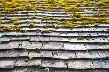 Old stone roof tiling with green moss