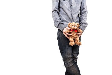 Man with teddy bear.