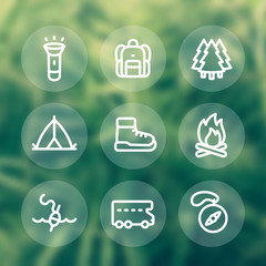 Camping line icons set, backpack, tent, boots, forest, compass, fishing, camper