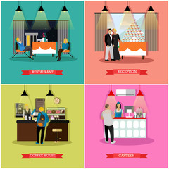 Vector set of banners with restaurant interiors, people, flat style.