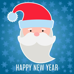 New Year greeting card with Santa Claus on dark blue background with snowflakes.

