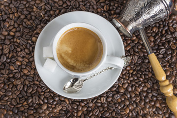 Cup of coffee, cuzve, coffee beans 