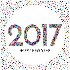 Happy New Year 2017 label with colorful confetti. New Year and Xmas Design Element Template. Vector Illustration.
