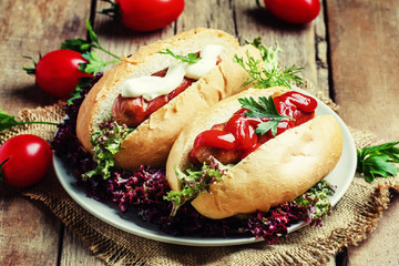 Street food: hot dogs with grilled sausages, ketchup, mayonnaise