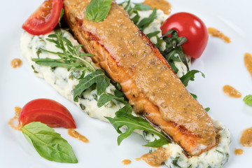 Grilled salmon with mashed potatoes closeup