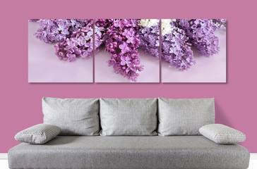 Floral wallpaper, lilac flowers  collage above modern couch,  Interior decor idea mock up