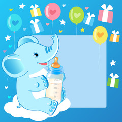 Cute Elephant With Milk Bottle. Welcome Baby Boy Card. Vector Illustration. Cute Elephant Drawing. Happy Birthday. Cute Elephant Baby Eating. Cute Elephant Baby.