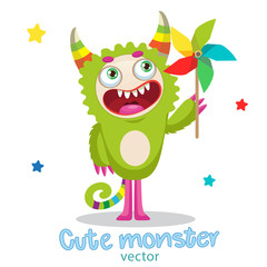 Cute Monster Vector Illustration. Cartoon Monster Mascot. Green Monster With Color Pinwheel. Vector Illustration Funny Fantastic Animals.