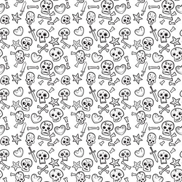 pattern with skulls and hearts, bones and daggers, seamless background in black and white