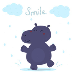 cheerful hippo in the rain. Printable templates