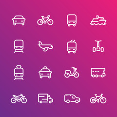 Transport line icons set, car, ship, train, airplane, van, bike, motorbike, bus, taxi, trolleybus, subway, public transportation, air