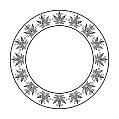 Round frame of cannabis. Border of stylized hemp leaf to create promotional products, logos, decoration items.