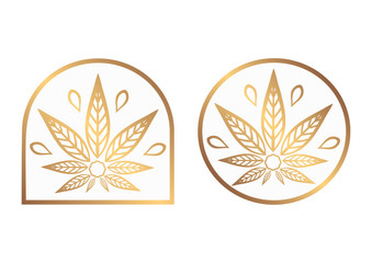 Cannabis gold logo. Hemp Line icons. Stylized leaf cannabis on a white background. Sign T-shirts for design, creating corporate identity and promotional products.