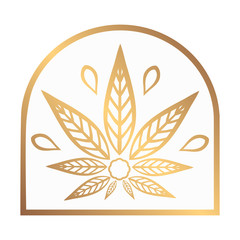 Cannabis gold logo. Hemp Line icons. Stylized leaf cannabis on a white background. Sign T-shirts for design, creating corporate identity and promotional products.