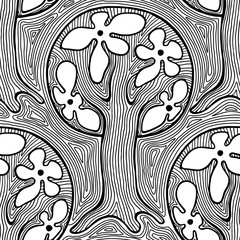 Seamless pattern, vector hand drawn repeating illustration, decorative ornamental stylized trees. Black and white astract seamles graphic illustration. Artistic drawing silhouette.