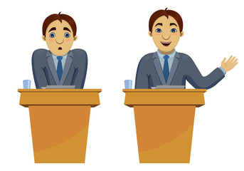 Vector illustration of funny cartoon character: confused scared speaker and confident orator speaking the speech. Transformation of person on conference. Isolated on white background.