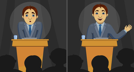 Vector illustration of funny cartoon character: confused scared speaker and confident orator speaking the speech. Transformation of person on conference.
