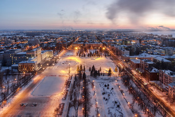 Winter evening view from above on the Kuibyshev Square in Samara, Russia