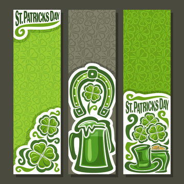 Vector abstract vertical Banners for St. Patrick's Day on Shamrock background, greeting Clover banner for congratulation text, green clover symbol saint patrick day on shamrock leaf pattern texture.