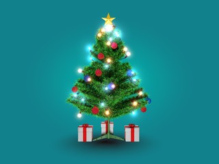 isolated christmas tree with gift 3d winter holiday xmas background