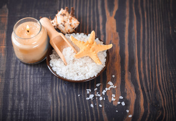 Composition of spa treatment on wooden background