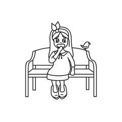  Surprised girl sitting on a bench, a girl in a dress,