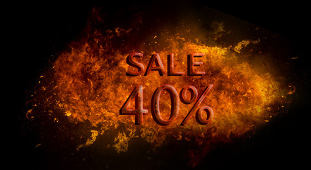 Red Sale 40%  on fire flame explosion, black background