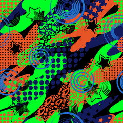 Obraz premium Abstract seamless pattern for girls, boys, clothes. Creative vector background with dots, geometric figures,stripes inscriptions.Funny wallpaper for textile and fabric. Fashion style. Colorful bright.