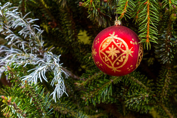 Closeup of Christmas-tree decorations.