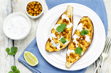 Roasted chickpeas stuffed sweet potato with Greek yogurt cilantr