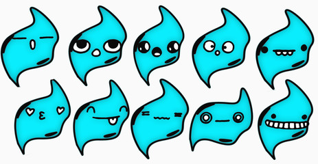 Set of beautiful, original, blue emoticons. Blue smiles.