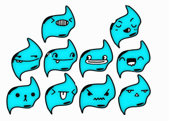 Set of beautiful, original, blue emoticons. Blue smiles.
