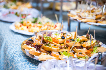 buffet table, Canape, sandwiches, snacks, holiday table, sliced, glasses, celebration, new year, christmas, fourchette, catering, table setting, restaurant