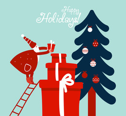 Funny Santa Claus up the stairs with presents. Cute Christmas and New Year vector illustration with gifts and Christmas tree decorating with holiday toys