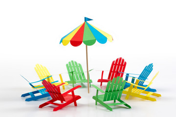 Obraz premium Parasol and deck chairs made of paper on a white background