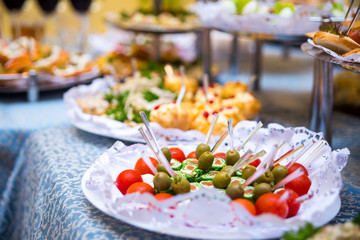 buffet table, Canape, sandwiches, snacks, holiday table, sliced, glasses, celebration, new year, christmas, fourchette, catering, table setting, restaurant