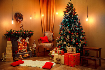 Beautiful classic red and golden Christmas room decor