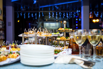 buffet table, Canape, sandwiches, snacks, holiday table, sliced, glasses, celebration, new year, christmas, fourchette, catering, table setting, restaurant