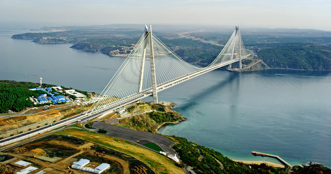 Fototapeta New bosphorus bridge of Istanbul, Turkey. Aerial view of Yavuz Sultan Selim Bridge.