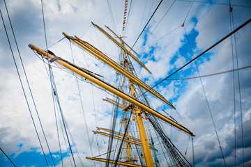 Detail of a sailboat rigging.  Mast on traditional sailboats. Ma