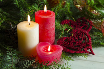 New Year and Christmas background with candles decorated Christmas tree