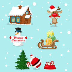 Set of Merry Christmas symbols. Santa Claus, snowman, deer, christmas tree, red bag, gifts box, house, sleigh. Design elements for decoration banner, poster, flyer, greeting card. Cartoon style vector