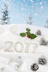 Naklejka na ściany i meble Text 2017 With White Letters In Snow, New Year background 