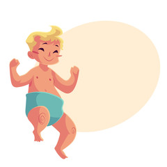 Cute little baby boy dancing happily, cartoon vector illustrations isolated on yellow background. Little boy, kid, child, baby, infant dancing from happiness with raised hands