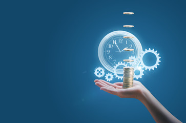 Business woman in the palm of your hand keeps the watch money and gears, symbolizes the process...