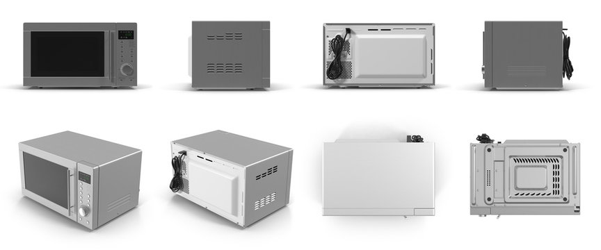 Microwave oven, modern design. renders set from different angles on a white. 3D illustration