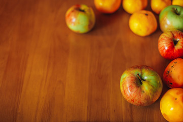 Healthy food background on old wooden table