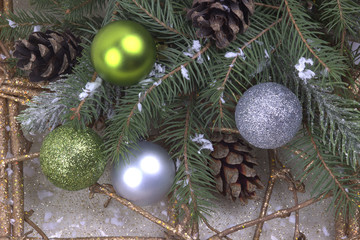 Christmas decoration with silver and blue balls snowflakes natur