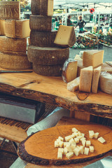 Fototapeta na wymiar cheese shop. Cheese At Farmers Food Market