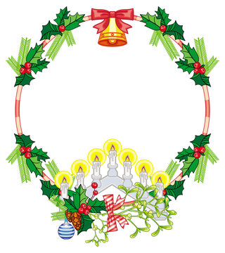 Round frame with holly berry, Christmas bells and light candle arch. Copy space.